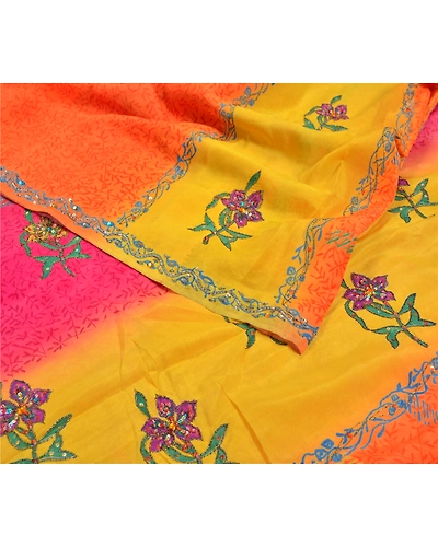 Sanskriti Vintage Indian Sari 100% Pure Crepe Silk Fabric Craft Printed Sarees, PRC-13273-Multi Color-Printed Floral-Pure Crepe Silk-6