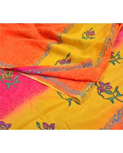 Sanskriti Vintage Indian Sari 100% Pure Crepe Silk Fabric Craft Printed Sarees, PRC-13273-Multi Color-Printed Floral-Pure Crepe Silk-8