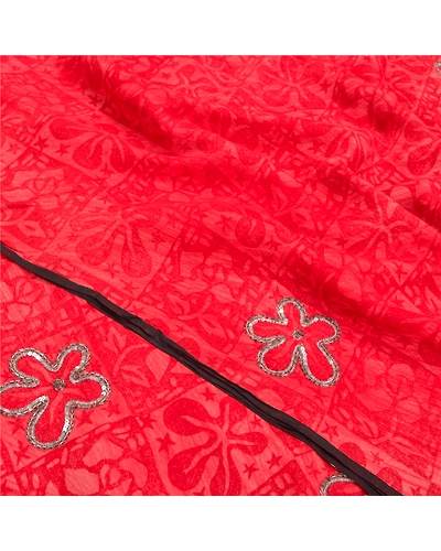 Sanskriti Vintage Red Sarees Pure Crepe Silk Printed Sari Soft 5Yd Craft Fabric, PRC-13324-Red-Printed Floral-Pure Crepe Silk-5