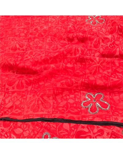 Sanskriti Vintage Red Sarees Pure Crepe Silk Printed Sari Soft 5Yd Craft Fabric, PRC-13324-Red-Printed Floral-Pure Crepe Silk-6