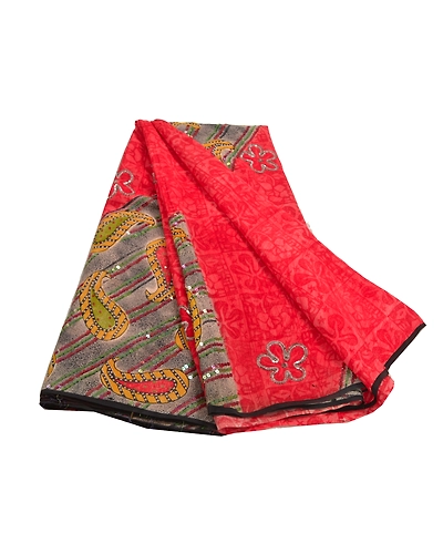 Sanskriti Vintage Red Sarees Pure Crepe Silk Printed Sari Soft 5Yd Craft Fabric, PRC-13324-Red-Printed Floral-Pure Crepe Silk-7
