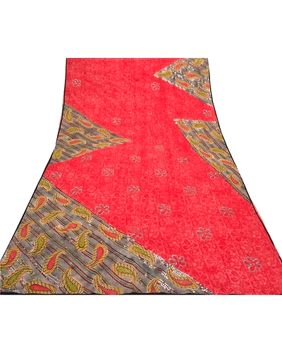 Sanskriti Vintage Red Sarees Pure Crepe Silk Printed Sari Soft 5Yd Craft Fabric, PRC-13324-Red-Printed Floral-Pure Crepe Silk-8
