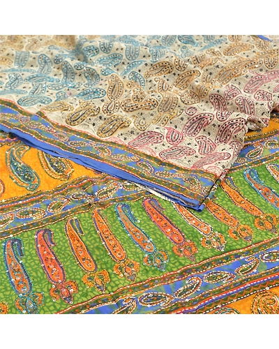 Sanskriti Vintage Sarees Pure Crepe Silk Printed Handmade Kantha Sari 5Yd Fabric, PRC-13391-Multi-Printed Floral-Pure Crepe Silk-1