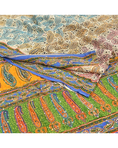 Sanskriti Vintage Sarees Pure Crepe Silk Printed Handmade Kantha Sari 5Yd Fabric, PRC-13391-Multi-Printed Floral-Pure Crepe Silk-2