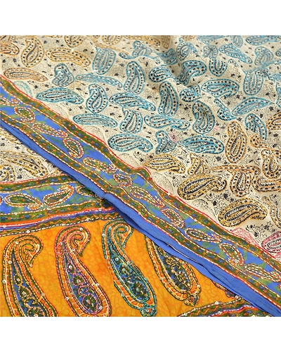 Sanskriti Vintage Sarees Pure Crepe Silk Printed Handmade Kantha Sari 5Yd Fabric, PRC-13391-Multi-Printed Floral-Pure Crepe Silk-5