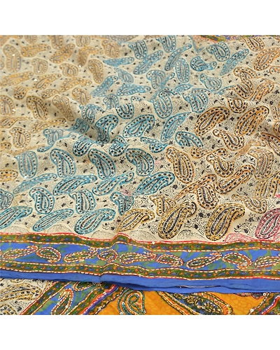Sanskriti Vintage Sarees Pure Crepe Silk Printed Handmade Kantha Sari 5Yd Fabric, PRC-13391-Multi-Printed Floral-Pure Crepe Silk-6