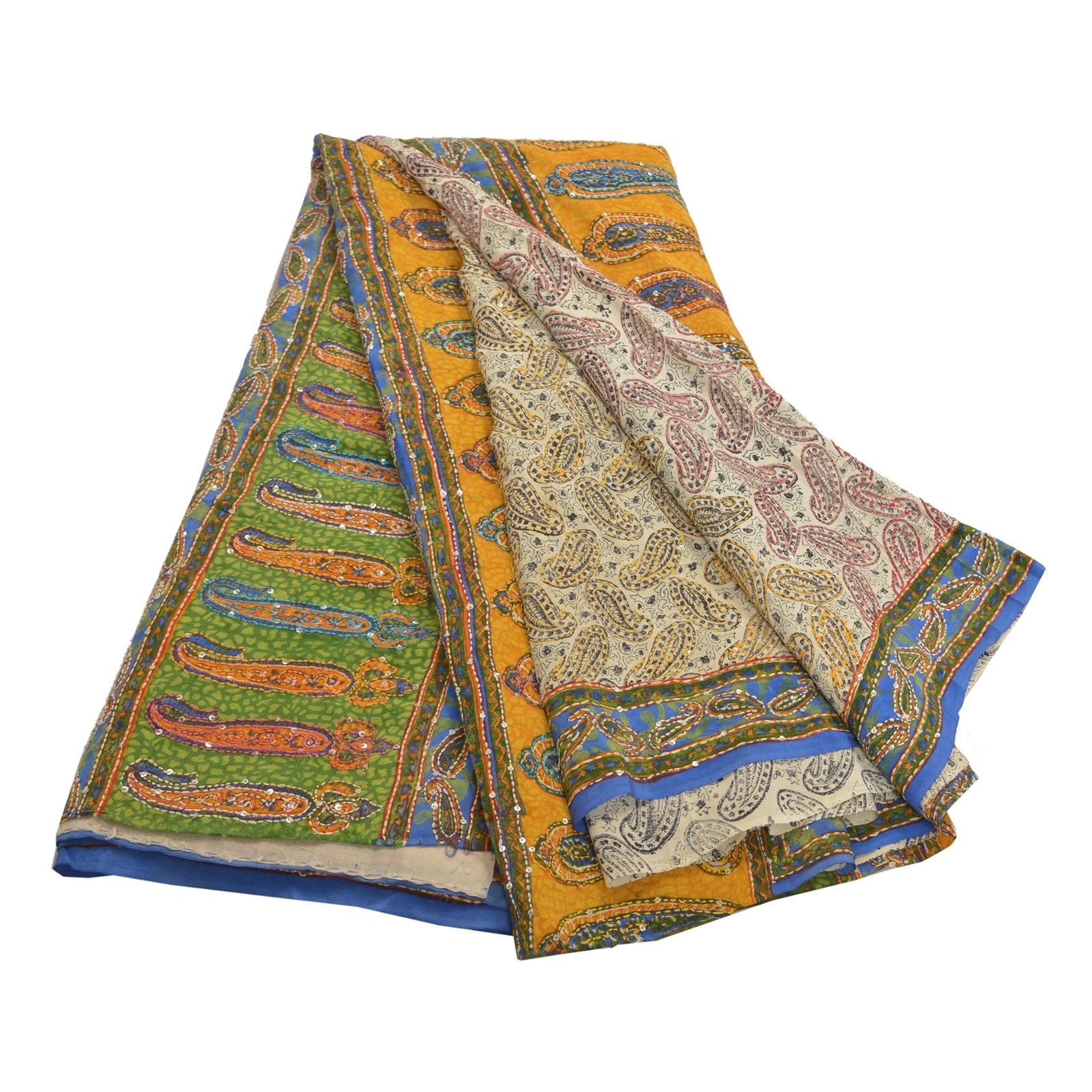 Sanskriti Vintage Sarees Pure Crepe Silk Printed Handmade Kantha Sari 5Yd Fabric, PRC-13391-Multi-Printed Floral-Pure Crepe Silk-7