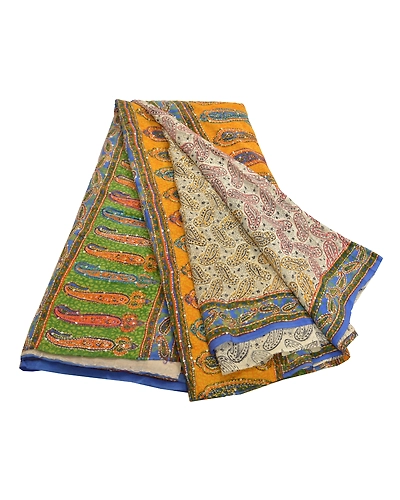 Sanskriti Vintage Sarees Pure Crepe Silk Printed Handmade Kantha Sari 5Yd Fabric, PRC-13391-Multi-Printed Floral-Pure Crepe Silk-7