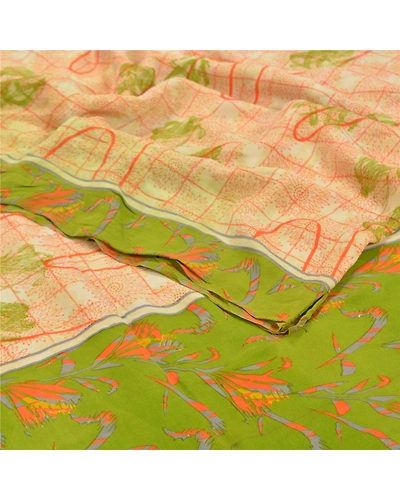 Sanskriti Vintage Orange Sarees 100% Pure Crepe Silk Printed Sari Craft Fabric, PRC-13455-Orange-Printed Floral-Pure Crepe Silk-1