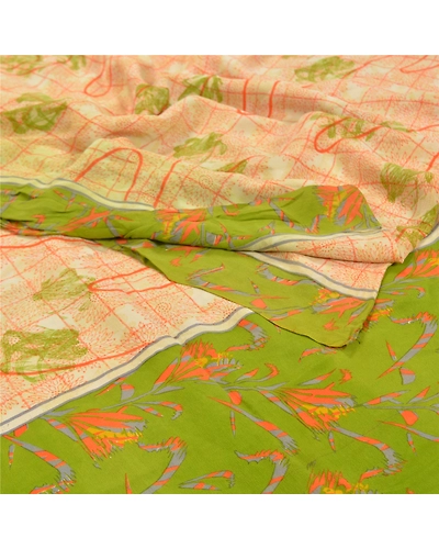Sanskriti Vintage Orange Sarees 100% Pure Crepe Silk Printed Sari Craft Fabric, PRC-13455-Orange-Printed Floral-Pure Crepe Silk-2