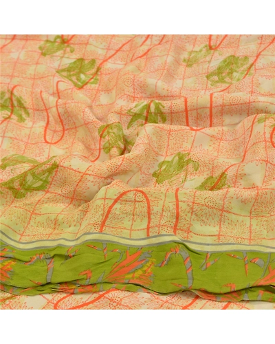 Sanskriti Vintage Orange Sarees 100% Pure Crepe Silk Printed Sari Craft Fabric, PRC-13455-Orange-Printed Floral-Pure Crepe Silk-6