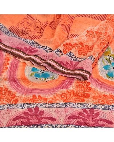 Sanskriti Vintage Peach Sarees 100% Pure Crepe Silk Printed Sari Craft Fabric, PRC-13600-Peach-Printed Floral-Pure Crepe Silk-1