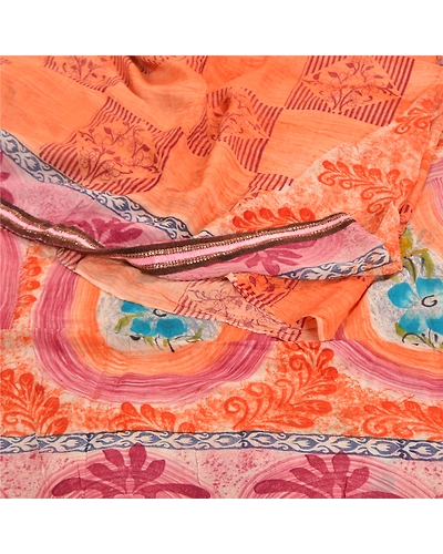 Sanskriti Vintage Peach Sarees 100% Pure Crepe Silk Printed Sari Craft Fabric, PRC-13600-Peach-Printed Floral-Pure Crepe Silk-2