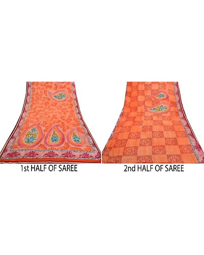Sanskriti Vintage Peach Sarees 100% Pure Crepe Silk Printed Sari Craft Fabric, PRC-13600-Peach-Printed Floral-Pure Crepe Silk-4