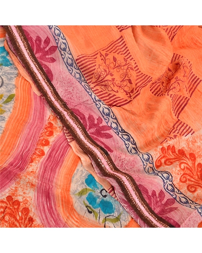 Sanskriti Vintage Peach Sarees 100% Pure Crepe Silk Printed Sari Craft Fabric, PRC-13600-Peach-Printed Floral-Pure Crepe Silk-5