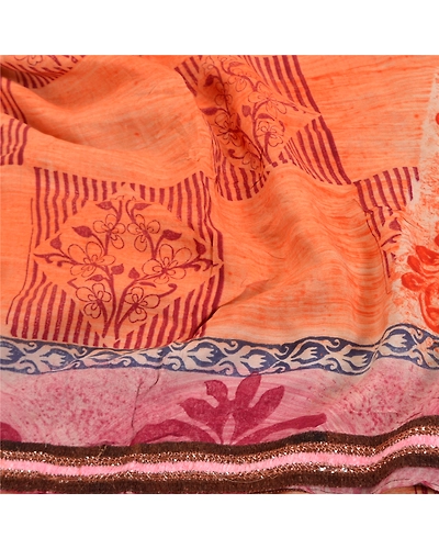 Sanskriti Vintage Peach Sarees 100% Pure Crepe Silk Printed Sari Craft Fabric, PRC-13600-Peach-Printed Floral-Pure Crepe Silk-6