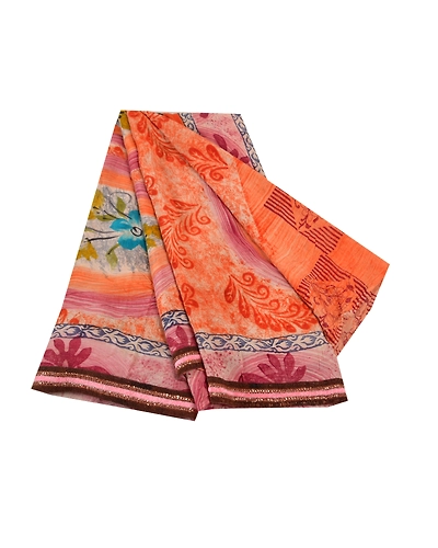Sanskriti Vintage Peach Sarees 100% Pure Crepe Silk Printed Sari Craft Fabric, PRC-13600-Peach-Printed Floral-Pure Crepe Silk-7