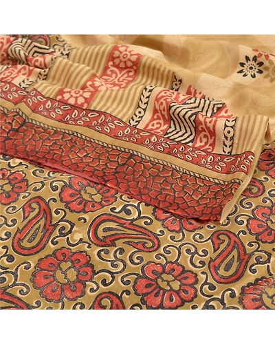 Sanskriti Vintage Beige Indian Sarees Pure Crepe Silk Printed Sari Craft Fabric, PRC-13673-Beige-Printed Floral-Pure Crepe Silk-1