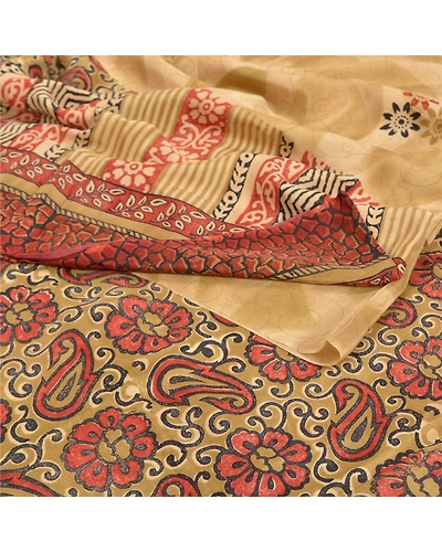 Sanskriti Vintage Beige Indian Sarees Pure Crepe Silk Printed Sari Craft Fabric, PRC-13673-Beige-Printed Floral-Pure Crepe Silk-2