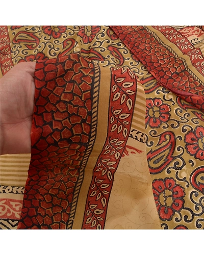 Sanskriti Vintage Beige Indian Sarees Pure Crepe Silk Printed Sari Craft Fabric, PRC-13673-Beige-Printed Floral-Pure Crepe Silk-3
