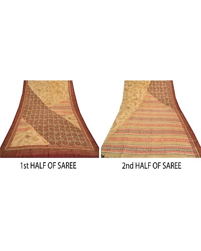Sanskriti Vintage Beige Indian Sarees Pure Crepe Silk Printed Sari Craft Fabric, PRC-13673-Beige-Printed Floral-Pure Crepe Silk-4