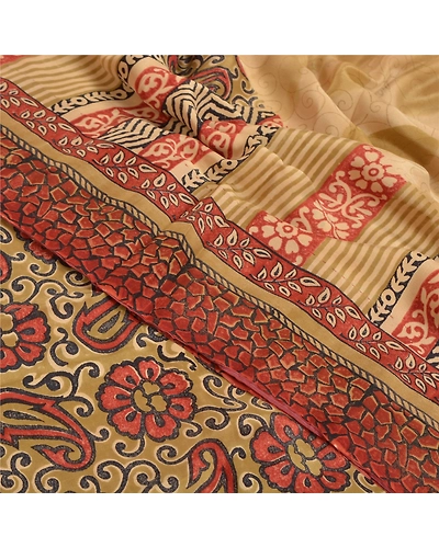 Sanskriti Vintage Beige Indian Sarees Pure Crepe Silk Printed Sari Craft Fabric, PRC-13673-Beige-Printed Floral-Pure Crepe Silk-5