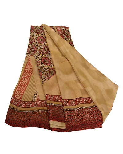Sanskriti Vintage Beige Indian Sarees Pure Crepe Silk Printed Sari Craft Fabric, PRC-13673-Beige-Printed Floral-Pure Crepe Silk-7