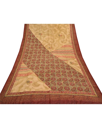 Sanskriti Vintage Beige Indian Sarees Pure Crepe Silk Printed Sari Craft Fabric, PRC-13673-Beige-Printed Floral-Pure Crepe Silk-8