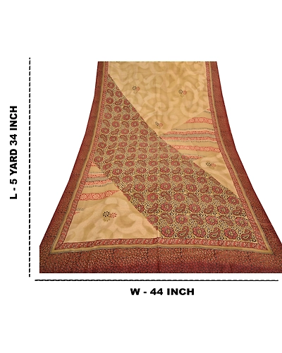 Sanskriti Vintage Beige Indian Sarees Pure Crepe Silk Printed Sari Craft Fabric, PRC-13673-Beige-Printed Floral-Pure Crepe Silk-9