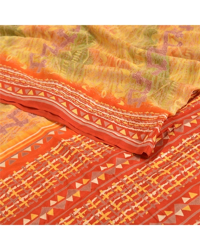 Sanskriti Vintage Mustard Sarees Pure Crepe Silk Printed Sari Craft Fabric, PRC-13680-Mustard-Printed Floral-Pure Crepe Silk-1