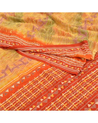 Sanskriti Vintage Mustard Sarees Pure Crepe Silk Printed Sari Craft Fabric, PRC-13680-Mustard-Printed Floral-Pure Crepe Silk-2