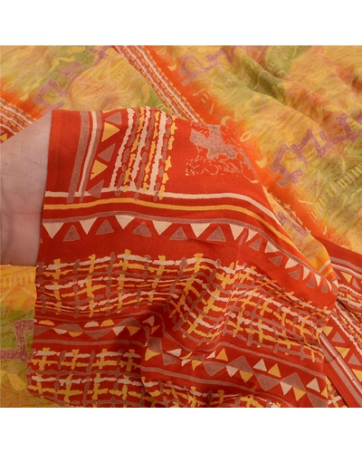 Sanskriti Vintage Mustard Sarees Pure Crepe Silk Printed Sari Craft Fabric, PRC-13680-Mustard-Printed Floral-Pure Crepe Silk-3