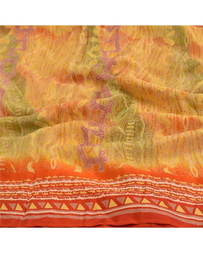 Sanskriti Vintage Mustard Sarees Pure Crepe Silk Printed Sari Craft Fabric, PRC-13680-Mustard-Printed Floral-Pure Crepe Silk-6