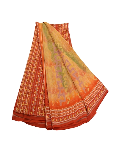 Sanskriti Vintage Mustard Sarees Pure Crepe Silk Printed Sari Craft Fabric, PRC-13680-Mustard-Printed Floral-Pure Crepe Silk-7