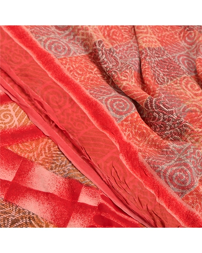 Sanskriti Vintage Red Sarees Pure Crepe Silk Printed Sari 5 Yard Craft Fabric, PRC-13802-Red-Printed Floral-Pure Crepe Silk-5