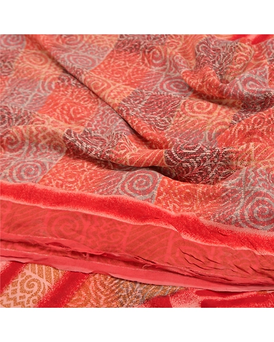 Sanskriti Vintage Red Sarees Pure Crepe Silk Printed Sari 5 Yard Craft Fabric, PRC-13802-Red-Printed Floral-Pure Crepe Silk-6