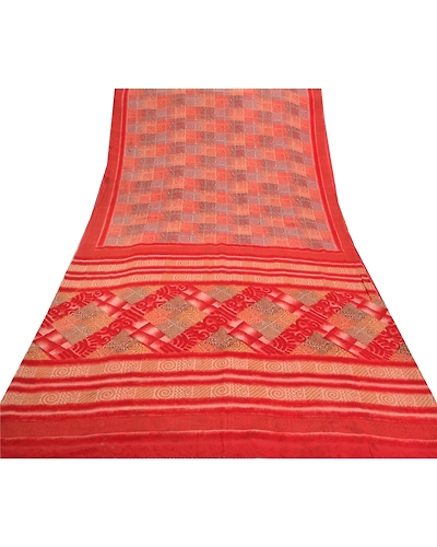 Sanskriti Vintage Red Sarees Pure Crepe Silk Printed Sari 5 Yard Craft Fabric, PRC-13802-Red-Printed Floral-Pure Crepe Silk-8