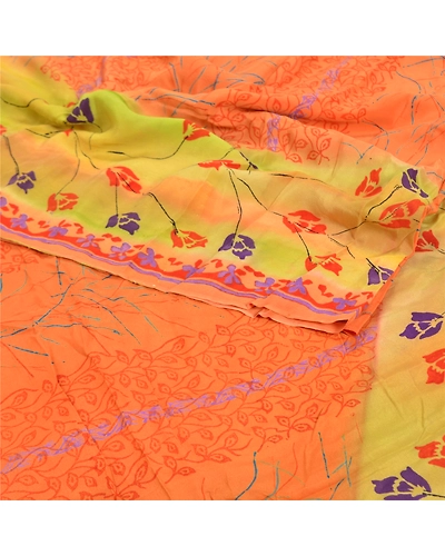 Sanskriti Vintage Orange Indian Sarees Pure Crepe Silk Printed Sari Craft Fabric, PRC-13824-Orange-Printed Floral-Pure Crepe Silk-1