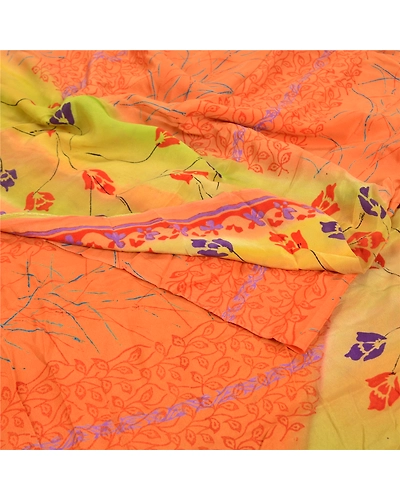 Sanskriti Vintage Orange Indian Sarees Pure Crepe Silk Printed Sari Craft Fabric, PRC-13824-Orange-Printed Floral-Pure Crepe Silk-2