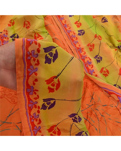 Sanskriti Vintage Orange Indian Sarees Pure Crepe Silk Printed Sari Craft Fabric, PRC-13824-Orange-Printed Floral-Pure Crepe Silk-3