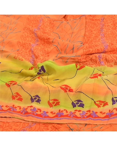 Sanskriti Vintage Orange Indian Sarees Pure Crepe Silk Printed Sari Craft Fabric, PRC-13824-Orange-Printed Floral-Pure Crepe Silk-6