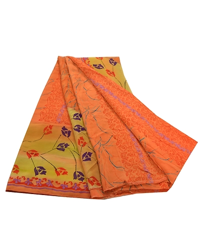 Sanskriti Vintage Orange Indian Sarees Pure Crepe Silk Printed Sari Craft Fabric, PRC-13824-Orange-Printed Floral-Pure Crepe Silk-7
