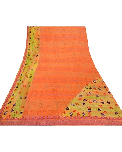 Sanskriti Vintage Orange Indian Sarees Pure Crepe Silk Printed Sari Craft Fabric, PRC-13824-Orange-Printed Floral-Pure Crepe Silk-8