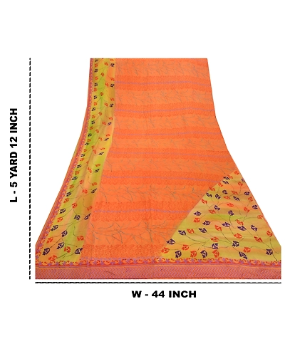 Sanskriti Vintage Orange Indian Sarees Pure Crepe Silk Printed Sari Craft Fabric, PRC-13824-Orange-Printed Floral-Pure Crepe Silk-9