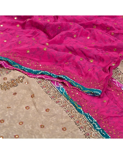 Sanskriti Vintage Pink Sarees Pure Crepe Silk Printed Hand Beaded Sari Fabric, PRC-13897-Pink-Printed Floral-Pure Crepe Silk-1