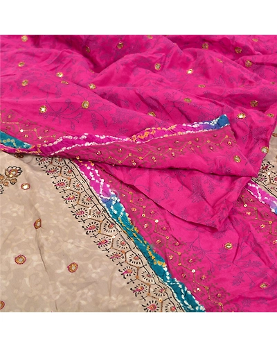 Sanskriti Vintage Pink Sarees Pure Crepe Silk Printed Hand Beaded Sari Fabric, PRC-13897-Pink-Printed Floral-Pure Crepe Silk-2