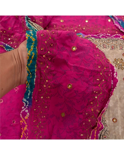 Sanskriti Vintage Pink Sarees Pure Crepe Silk Printed Hand Beaded Sari Fabric, PRC-13897-Pink-Printed Floral-Pure Crepe Silk-3
