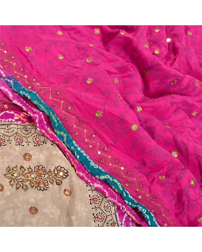 Sanskriti Vintage Pink Sarees Pure Crepe Silk Printed Hand Beaded Sari Fabric, PRC-13897-Pink-Printed Floral-Pure Crepe Silk-5