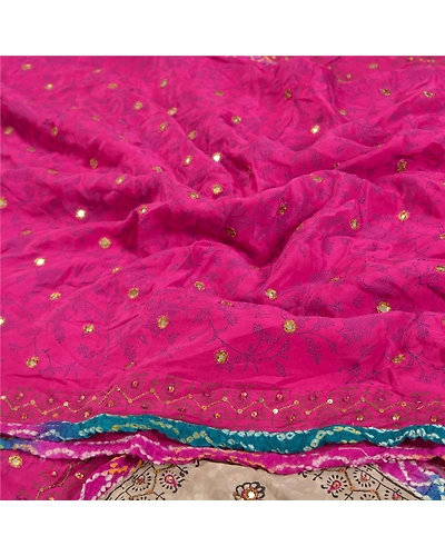 Sanskriti Vintage Pink Sarees Pure Crepe Silk Printed Hand Beaded Sari Fabric, PRC-13897-Pink-Printed Floral-Pure Crepe Silk-6