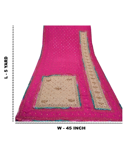 Sanskriti Vintage Pink Sarees Pure Crepe Silk Printed Hand Beaded Sari Fabric, PRC-13897-Pink-Printed Floral-Pure Crepe Silk-9
